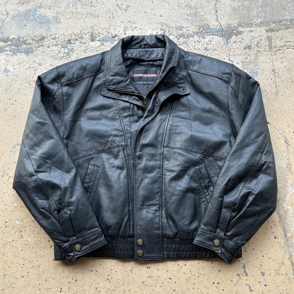 Charles Klein Mens Black Genuine Leather Bomber Jacket XL Full Zip Vintage Style